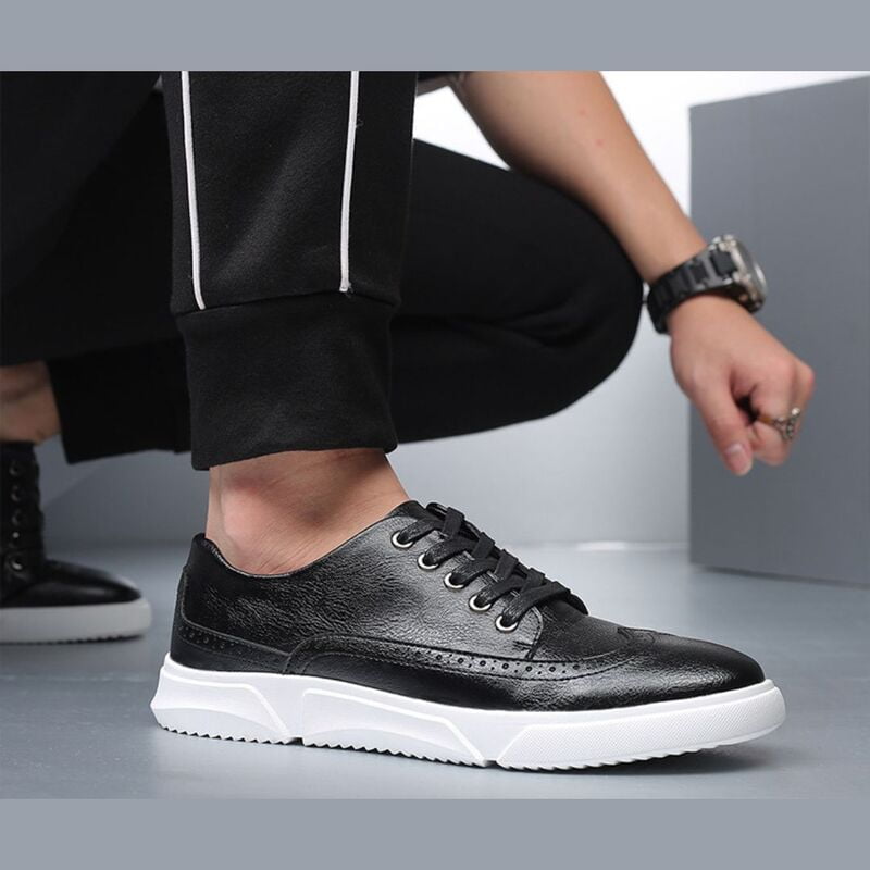 WH-Breathable Lace-up Casual Leather Sneakers-Black-Tony|20123